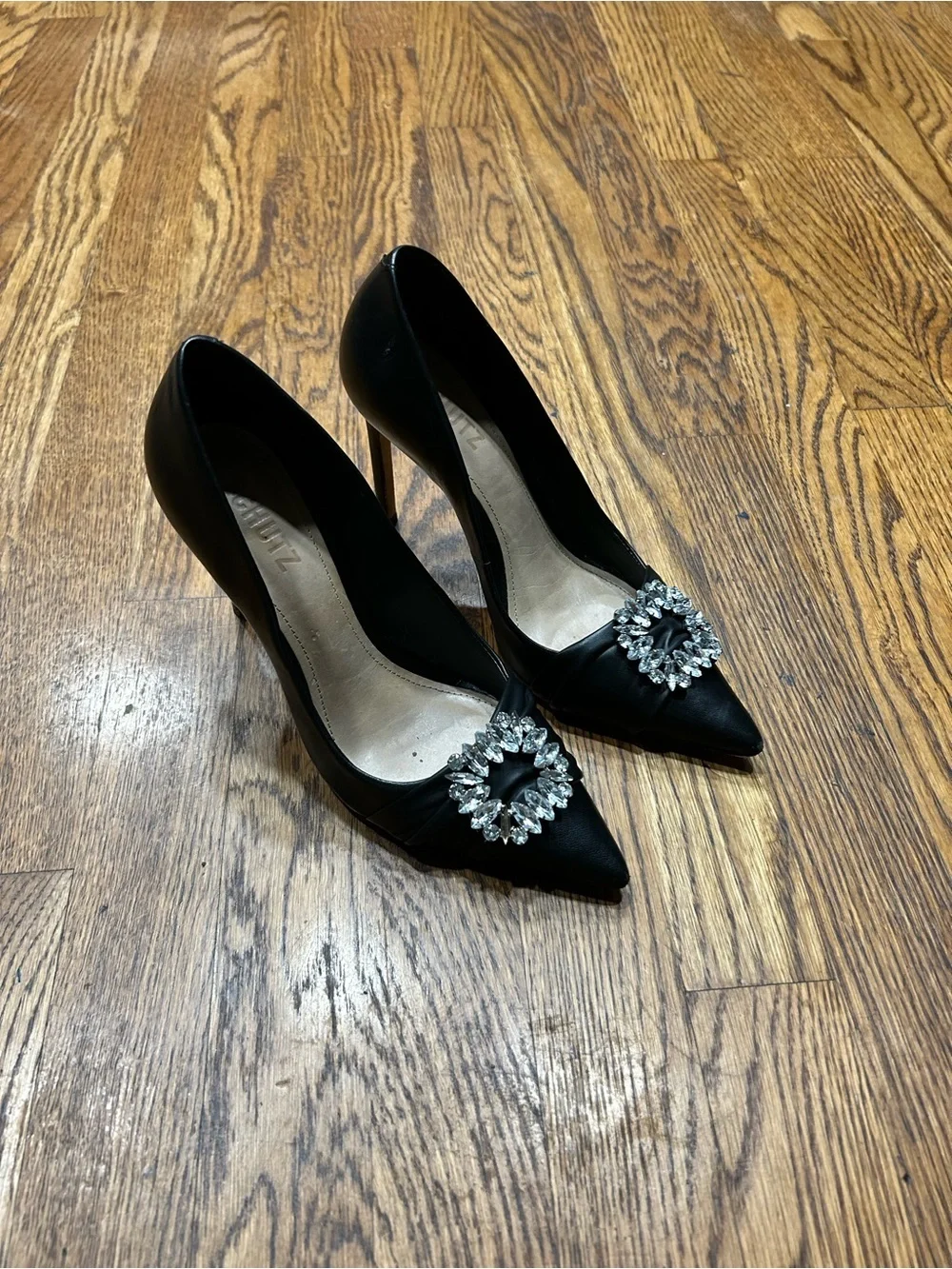 SCHUTZ Black Crystal Embellished Leather Heels Size 7B
